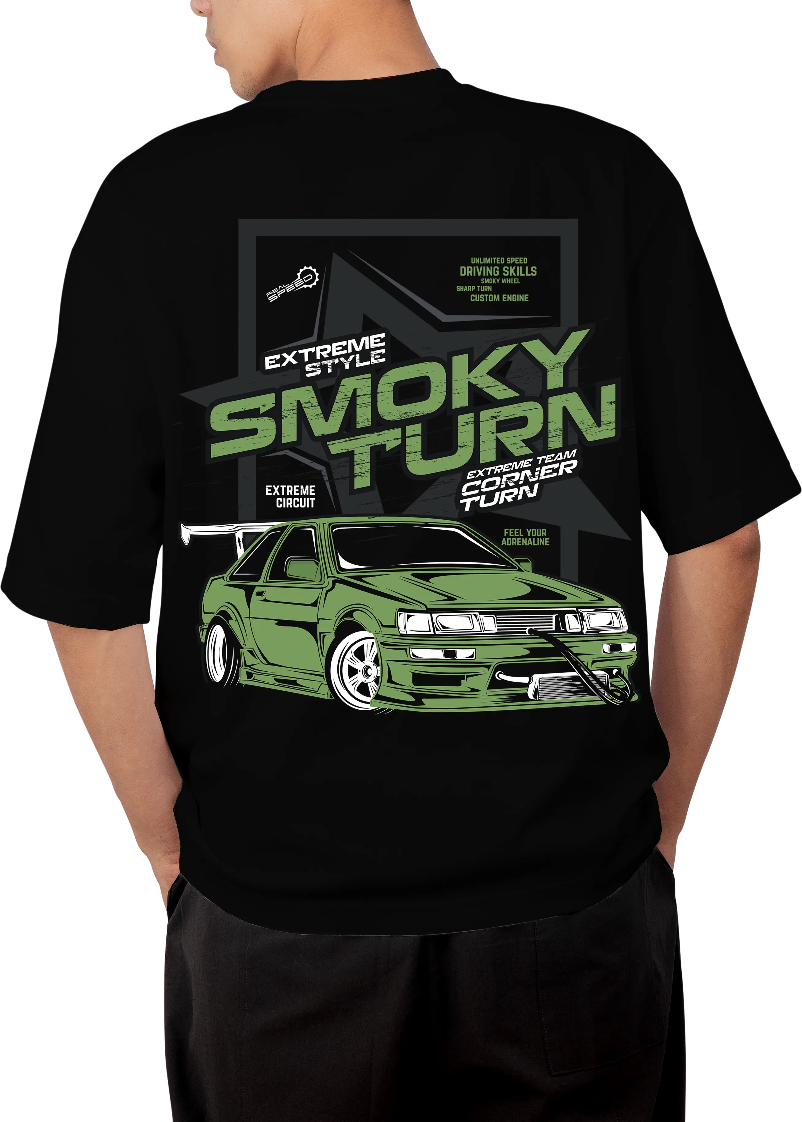 JDM Smoky Turn Drifting Design Black Oversized T-shirt