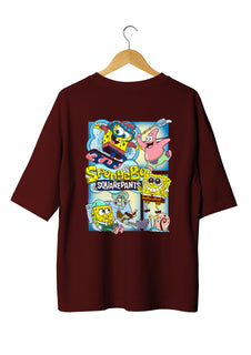 Spongebob Design Oversized Maroon T-shirts