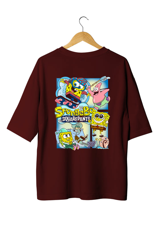 Spongebob Design Oversized Maroon T-shirts