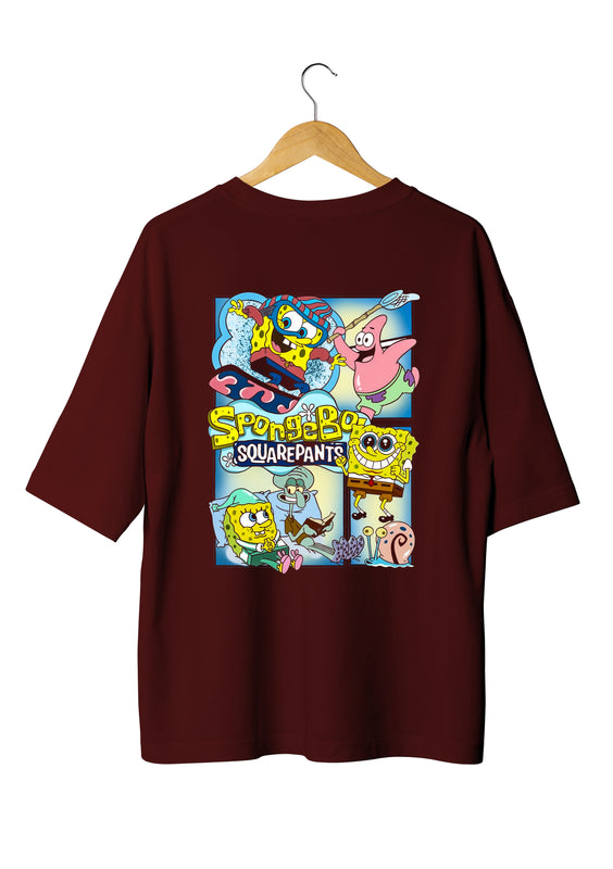 Spongebob Design Oversized Maroon T-shirts
