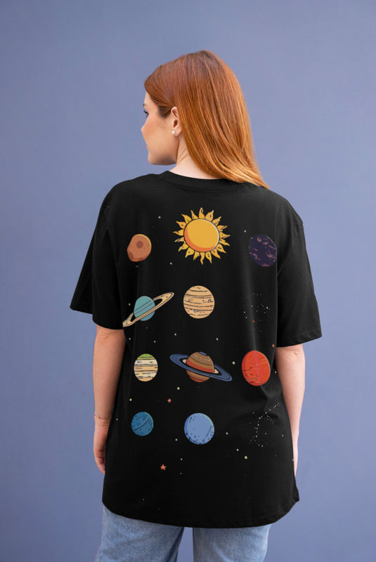 Planets Design Women's Black Oversized T-shirt