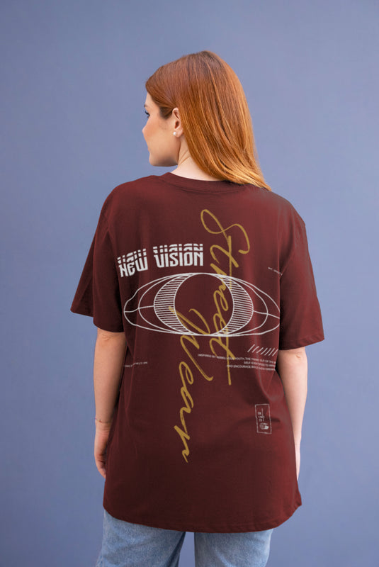 New Vision Design Women Maroon Oversized T-shirt