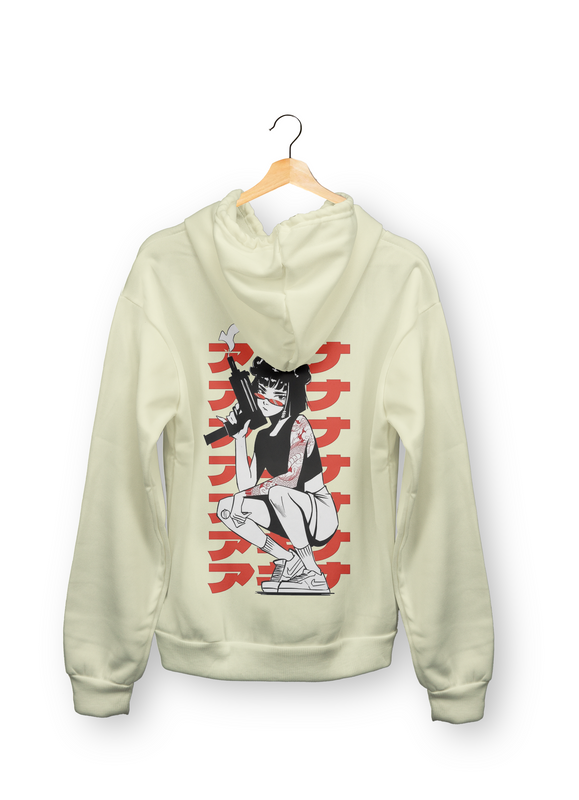 Wanted Anime Girl Design Beige Color Pullover 450gsm Premium Hoodie