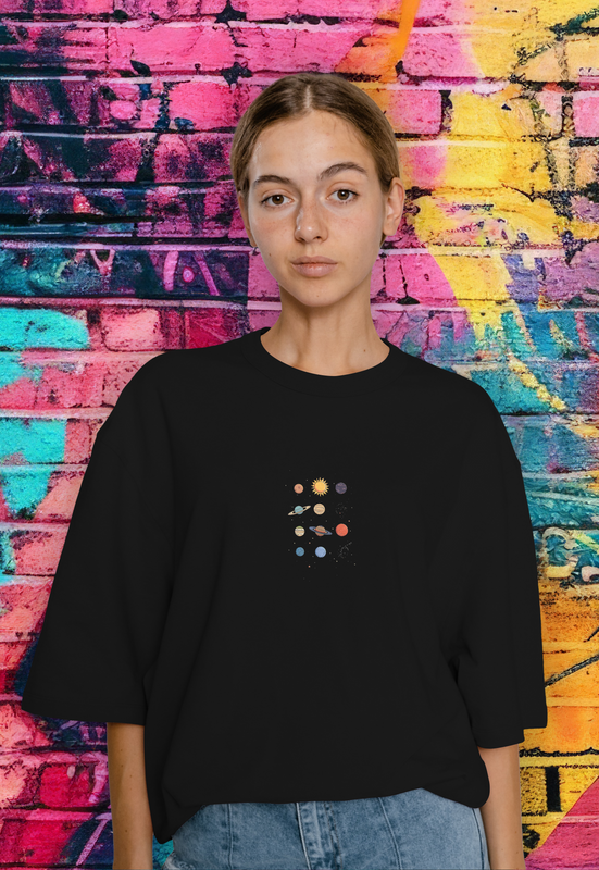 Planets Design Women's Black Oversized T-shirt